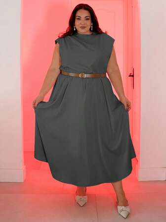 Pretty and Ole Plus Size Women Solid Color Sleeveless Dress, Elegant Office Dress (With Belt) Christmas Outfit Gray Dress Dress Casual Elegant Summer Outfits Elegantcasual