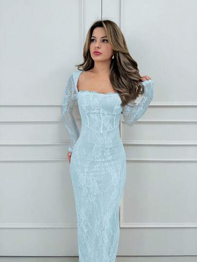 Jemour 女士新款性感S型蕾丝长袖紧身鱼骨方领紧身连衣裙，适合派对、约会、晚会，黑色，秋冬