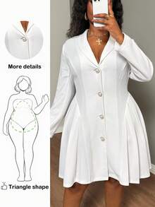 Truni Itsmisslys Plus Size Women's Solid Color Shawl Collar Long Sleeve Single-Breasted Pleated Design Elegant Dress, For Pear Triangle Body Shape - White - View 1