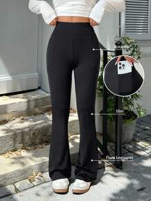 SHEIN EZwear 黑色纯色口袋喇叭腿女式休闲紧身裤 - 黑色 - 查看 1