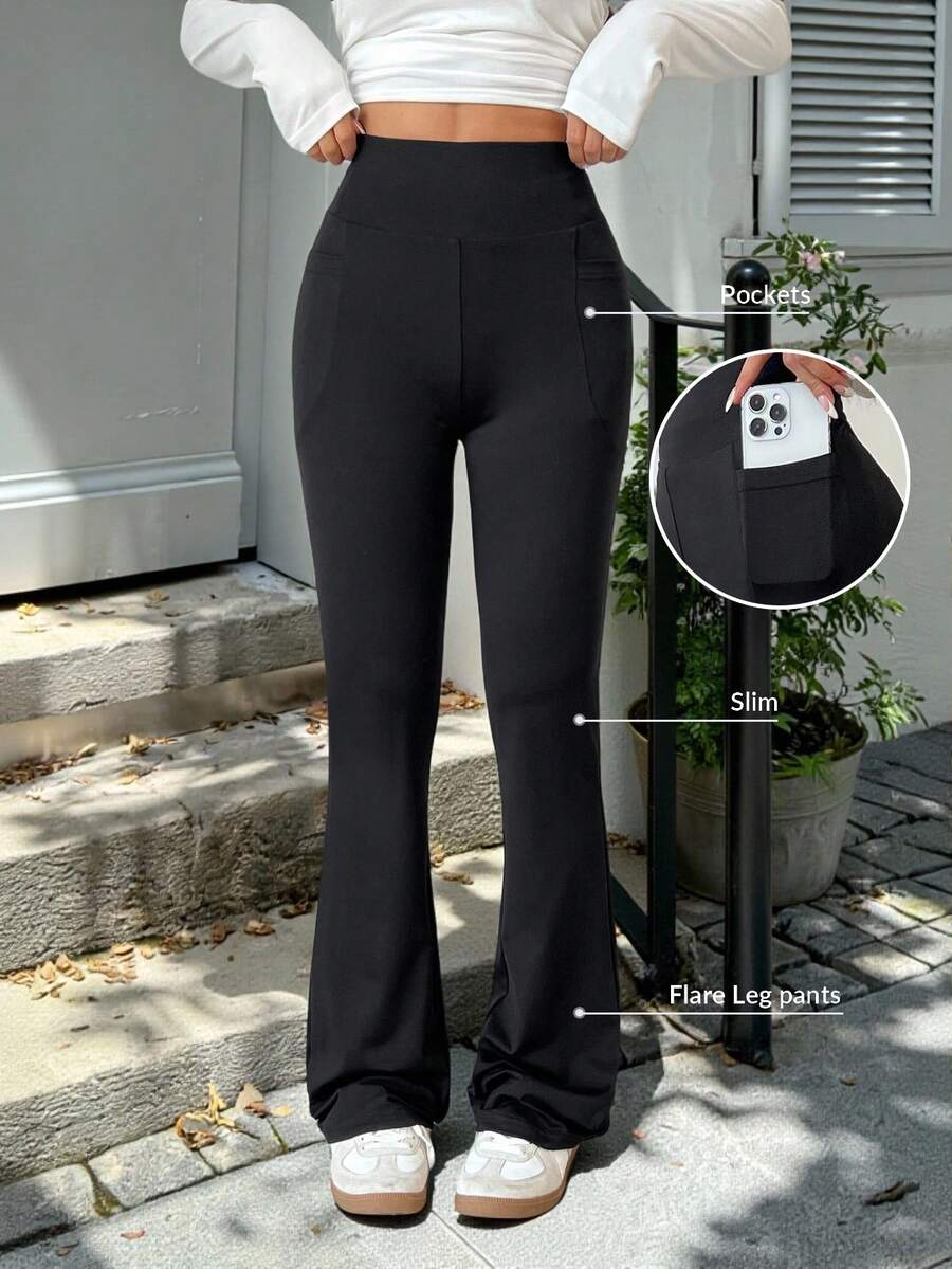 SHEIN EZwear 黑色纯色口袋喇叭腿女式休闲紧身裤 - 黑色 - 查看 1