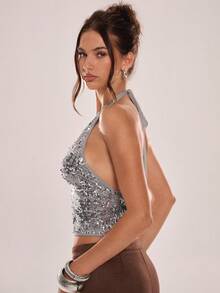 Avenya Women's Fashionable Sleeveless Sequin Embroidered V-Neck Halter Top - Grey - View 5