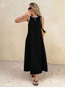 Vestido largo de cuello redondo casual para mujer, adecuado para uso diario y citas - Negro - Ver 5