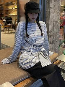 DAZY Women's Casual Striped Round Neck Long Sleeve T-Shirt, Spring/Autumn - Grey - View 6