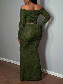 Slaydiva 优雅派对露肩长袖上衣和半裙女士两件套 - A - 軍綠色 - 查看 2