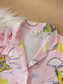 SpongeBob SquarePants | SHEIN Tween Girl Cartoon & Floral Print Lapel Front Open Loose Fit Long Sleeve Top And Pants Autumn/Winter Flame Retardant Pajama Set - Pink - View 5