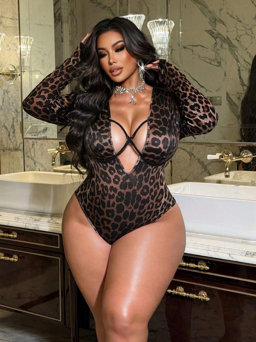 NU&NOW 大码女式时尚豹纹不对称长袖连体衣，优雅性感，叠穿设计，百搭镂空 - 彩色 - 查看 1