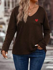 EMERY ROSE New Coffee Brown Casual Basic V-Neck Long Sleeve T-Shirt With Red Heart Print, Plus Size - Coffee Brown - View 3