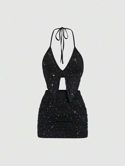 EgrlEra Women's Black Y2K Sexy Sequins 2pcs Deep V-Neck Tie Front Camisole & Mini Skirt Set. Suitable For New Year's Eve Parties, Valentine's Date Nights And Any Party Occasions. Cute And Flattering.