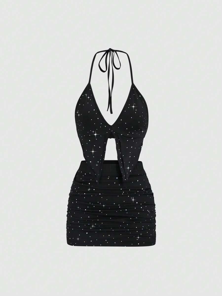 EgrlEra Women's Black Y2K Sexy Sequins 2pcs Deep V-Neck Tie Front Camisole & Mini Skirt Set. Suitable For New Year's Eve Parties, Valentine's Date Nights And Any Party Occasions. Cute And Flattering. - Black - View 1