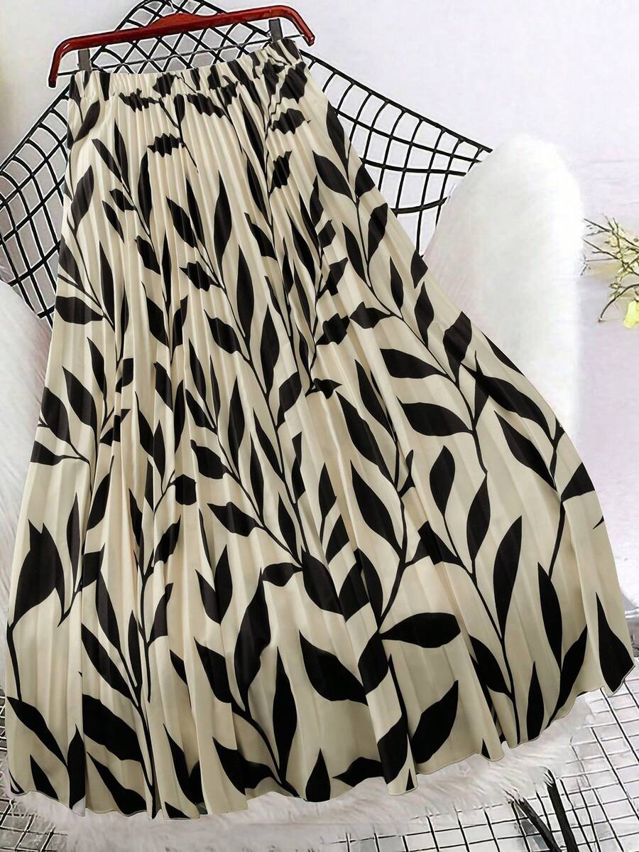 SHEIN Clasi 大码缎面波点印花百褶裙 - 米色 - 查看 1