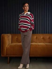 SAYEHFBABY Pull ample à col roulé rayé rouge de Noël, manches longues, vêtements d'automne pour femmes - Rouge foncé - Voir 4