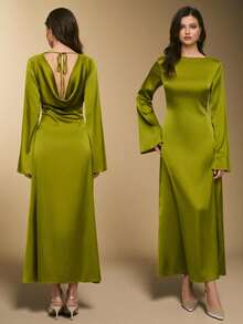 Poéselle 女士优雅露背连衣裙，纯色，适合派对穿着 - 綠色 - 查看 2