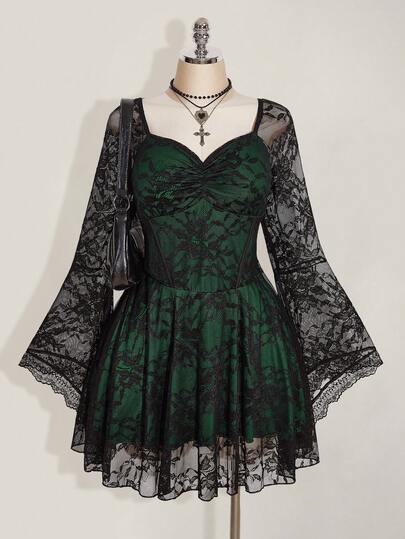 SHEIN ICON Plus Size Square Neck Ruched Lace Flare Sleeve Contrast Color Dress, Y2K Party Dress, Halloween Costume, Witch