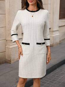 EMERY ROSE 女士优雅纹理饰边长袖迷你连衣裙，秋季 - 白色 - 查看 4