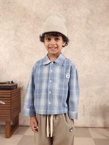 SUMWON Boys Plaid Button Down Shirt Long Sleeve Collared Classic Check Pattern School Casual Cotton Blend Regular Fit Spring Fall Everyday Wear - Blue - View 2