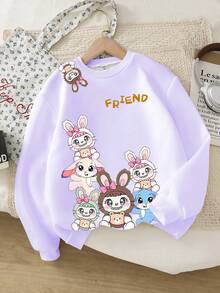 SHEIN 少女可爱卡通垂耳蓝兔印花卫衣，秋冬 - 彩色 - 查看 1