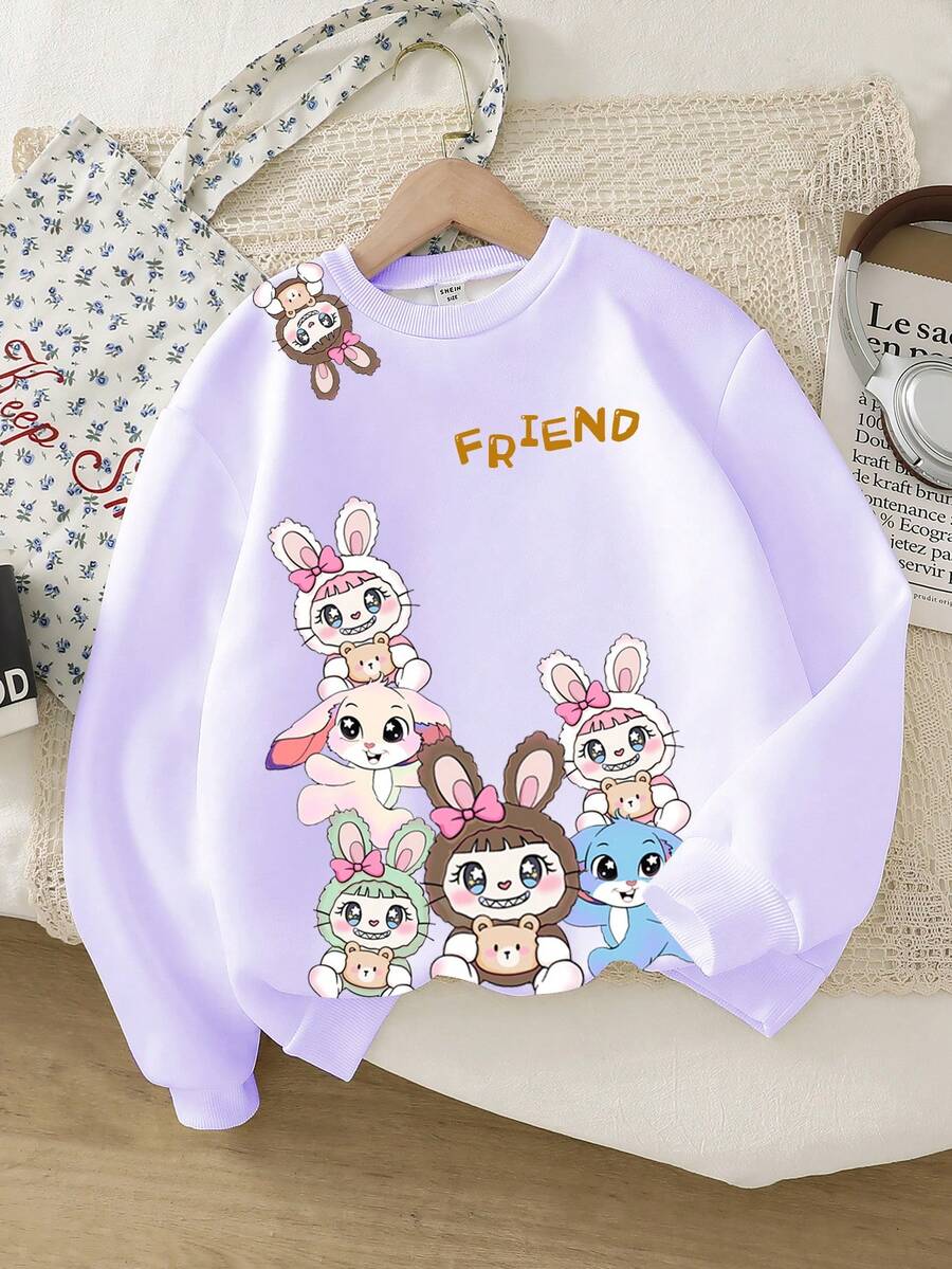 SHEIN 少女可爱卡通垂耳蓝兔印花卫衣，秋冬 - 彩色 - 查看 1