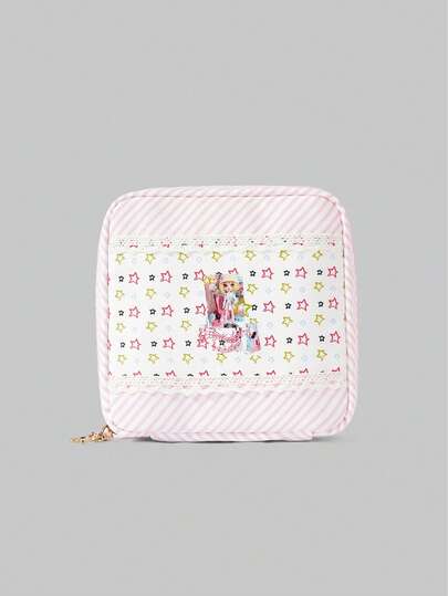 ROMWE Kawaii 时尚卡通撞色蕾丝双格复古少女加厚大容量便携化妆包，小方包 442464