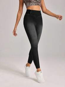 SHEIN Tall 女款休閒水洗高腰修身牛仔褲，適合高個女性 - 黑色 - 查看 6
