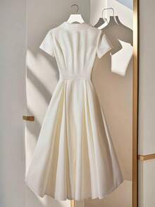 Franclia 夏季时尚优雅收腰 A 字形短袖连衣裙（杏色） - 杏色 - 查看 2