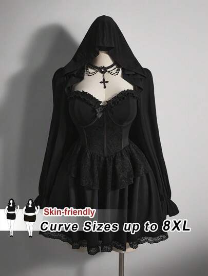 SHEIN CURVE+ Plus Size Women's Black Hooded Lantern Sleeve Sexy Mini Dress, Suitable For Party Costumes, Witches