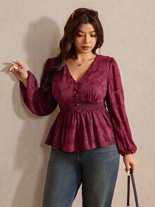 Elaquor Plus Size Women Floral Jacquard Shirred Lantern Sleeve Gathered Waist Elegant Blouse - Burgundy - View 6