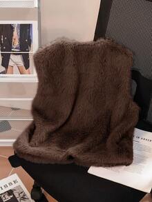 SHEIN Essnce 女士纯色系带仿毛皮背心外套，秋冬季 - 咖啡棕 - 查看 2