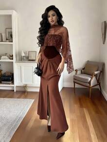 SHEIN Elenzya Khăn choàng ren nhung màu đỏ tía cổ điển dành cho nữ với viền đuôi cá chữ A, thích hợp mặc hàng ngày, đám cưới, dạ hội, đi làm, tiệc tốt nghiệp, ngày lễ, hẹn hò, tiệc tùng, Halloween, Giáng sinh, năm mới, lễ Tạ ơn - Váy dài vừa phải - màu nâu - Xem 6