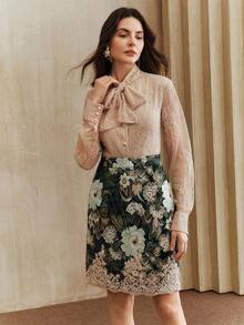 Anewsta Women's New Apricot Lace Long Sleeve Top & Lace Skirt Set With Bow Tie - Apricot - View 7