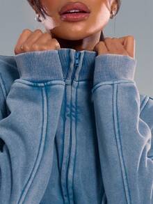 MUSERA Washed Zip Through Jacket Sweatshirt Tracksuit Seam Detail Back To School Autumn Winter Cosy Fall  Cute Casual Everyday Capsule Wardrobe Y2K Streetwear Spring - Teal Blue - View 5