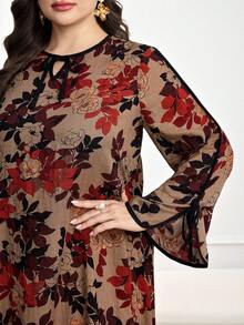 Al Najma 大码女式印花系领长袖宽松阿拉伯风格连衣裙 - 紅色 - 查看 3