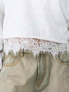 MISSGUIDED Women's Brushed Back Sweatshirt With White Lace Trim Hem Detail Long Sleeve Crew Neck Pullover Top For Fall Winter Season - Grey - View 3