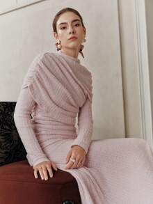 SHEIN Unity 2026 Spring Elegant Ruched Pink Maxi Dress, Luxury Wedding Guest Dress - Pink - View 7