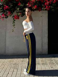 Bearsaez Women's Retro Casual Sports Sweatpants With Numeric Print & Waist Splicing Details, Spring/Summer Graduation,Back To School Outfits,Graduation,Teacher Outfits For Women,Back To School Fall Cloth For Women - Blue - View 4