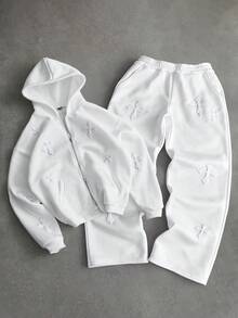 PAVTROS Men's Street-Style Popular INS Outfit, 3D Cross Embroidery Print, 2 In 1 Pants With Double Waistband, Suitable For Music Festivals, Nightclubs, Boyfriend/Husband Gift, Anniversary Gift, Hoodie Set Men Hoodie Set Designer Sweatsuit Hoodie And Sweatsuit Set Mens 2 Piece Outfits White Men White 2 Piece Pants Set