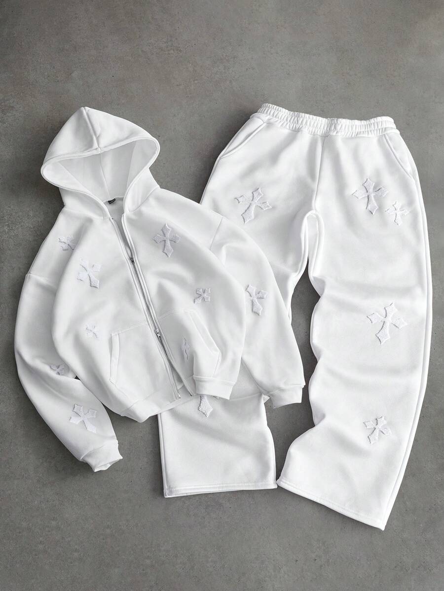 PAVTROS Men's Street-Style Popular INS Outfit, 3D Cross Embroidery Print, 2 In 1 Pants With Double Waistband, Suitable For Music Festivals, Nightclubs, Boyfriend/Husband Gift, Anniversary Gift, Hoodie Set Men Hoodie Set Designer Sweatsuit Hoodie And Sweatsuit Set Mens 2 Piece Outfits White Men White 2 Piece Pants Set