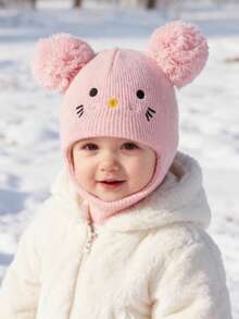 Cozy Pixies 1个黑色带绒球的拉法帽，新生儿滑雪面罩，幼儿针织帽，双球设计，男女宝宝通用，儿童冬季保暖帽，儿童针织帽 - 粉色 - 查看 3