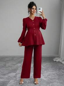 Momance Bộ đồ bầu 2 món: Áo khoác cardigan tay dài xếp ly cài nút phía trước, thiết kế xếp ly eo; Quần bầu dáng rộng - Màu Đỏ Sâu - Xem 5