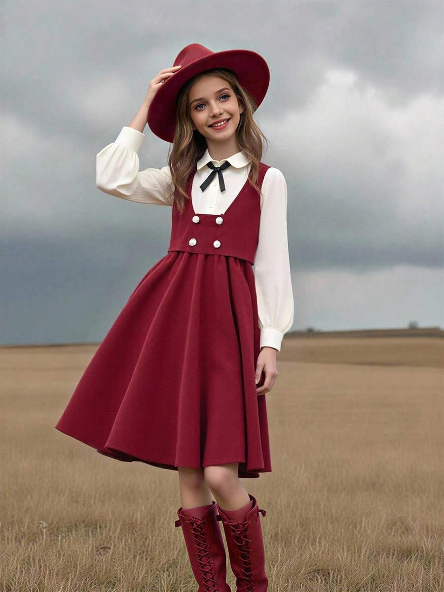 少女秋季多色蜜桃拼接二合一长袖背带裙,优雅独特,配有可拆卸珍珠流苏装饰,适合秋季穿着,荷叶边领口,学院风,百搭休闲连衣裙,适合度假、秋冬季节穿着,复古红色连衣裙 - 酒紅色 - 查看 1