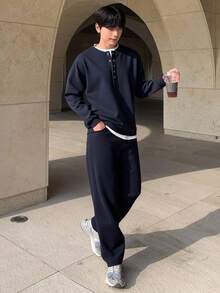 DAZY 海军蓝白拼接二合一男士T恤套装，秋季款 - 藏蓝色 - 查看 5