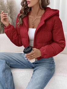 SHEIN LUNE معطف كاجوال قصير من الكوردروي مبطن للنساء، جاكيت شتوية حمراء، جاكيت حمراء مزودة بسحاب، ملابس دافئة للنساء، ملابس خارجية للنساء، جاكيت حمراء للنساء - الأحمر - مشاهدة 7