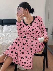 Dream Adore 心形蕾丝边中长长袖女士睡裙 - 粉色 - 查看 4