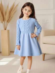 适合年轻女孩的可爱休闲百搭纯色针织连衣裙 - 藍色 - 查看 6