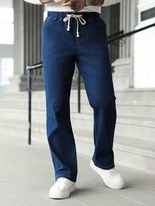Manfinity Homme Men's Drawstring Waist Pockets Straight Loose Casual Versatile Jeans - Blue - View 4
