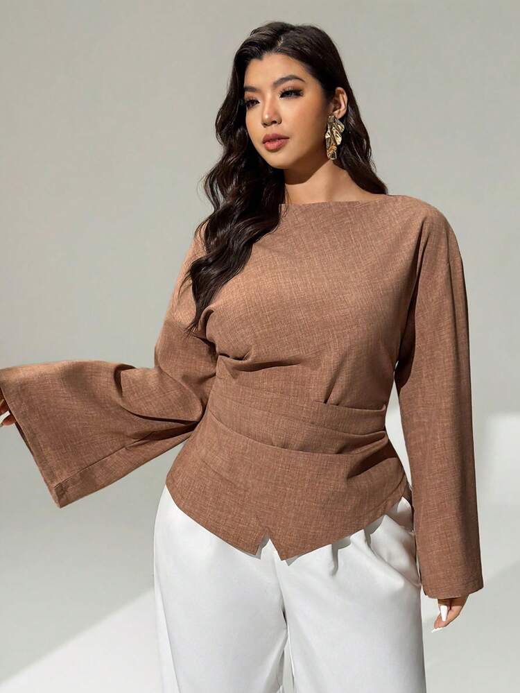 Auralis بلوزة أنيقة ذات أكمام واسعة وخصر مربوط باللون الخاكي، مناسبة للارتداء في فصل الخريف - كاكي - مشاهدة 7