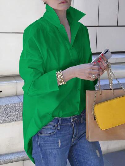 EMERY ROSE 纯色前扣长袖衬衫，夏季优雅办公室装