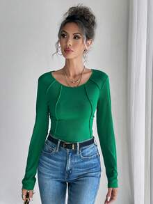 EMERY ROSE Camiseta de manga larga a rayas, de cuello redondo, ajustada, unicolor para mujer, apta para otoño/invierno - Verde - Ver 4