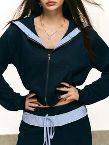 Rina Fox 女士休闲拉链长袖落肩连帽衫和裤子两件套 - 藏蓝色 - 查看 6