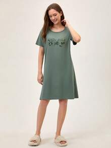 Women Contrast Colour Cute Animal Prints Basic Homewear Sleepdress - Green - View 6